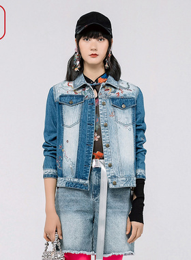 渔女装女士新款春秋撞色拼接水洗纯棉绣花牛仔短外套FGGA3006