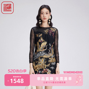 渔牌女装连衣裙新款女秋冬新中式重工国潮绣花蕾丝裙FGGD0033