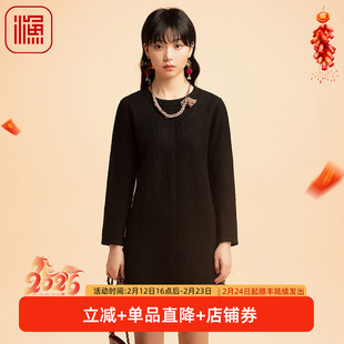 渔牌女装新款秋冬装针织毛呢绣花休闲收腰套头连衣裙FGED0048