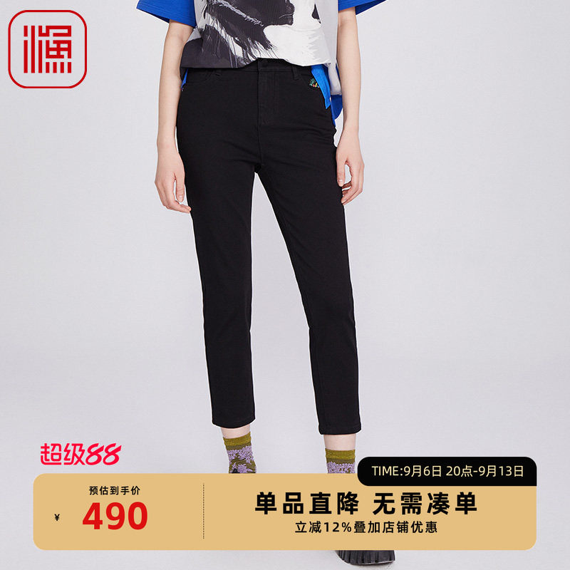 渔牌女装黑色牛仔裤2025年新款女春秋绣花简约休闲长裤子FGHA6016
