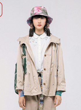 渔牌女装女士外套新款春秋带帽休闲绣花宽松中长风衣FGGA3022