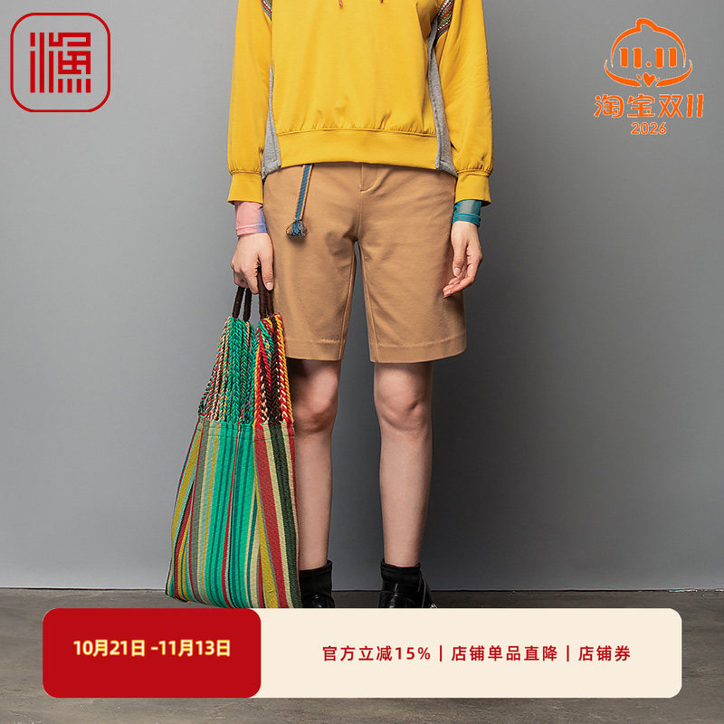 渔牌服饰短裤女新款春秋微弹绣花宽松直筒休闲女裤子FGFC6401
