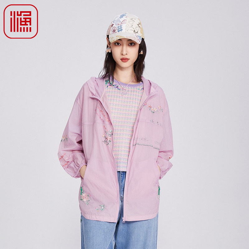 渔牌女装风衣女款2025新款薄款新中式刺绣花带帽休闲外套FGHA3085