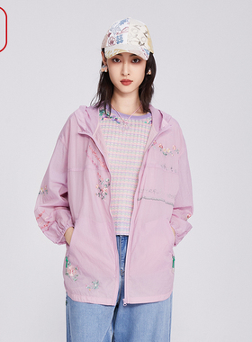 渔牌女装风衣女款2025新款薄款新中式刺绣花带帽休闲外套FGHA3085