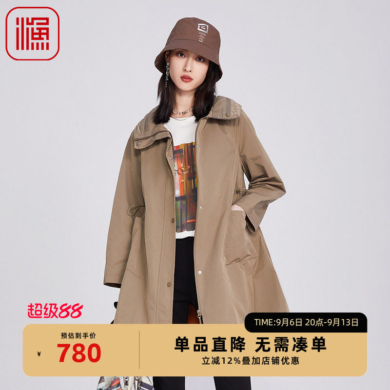 渔牌女装2025年新款高立领长款及膝宽松印花雪纺风衣外套FGHA3042