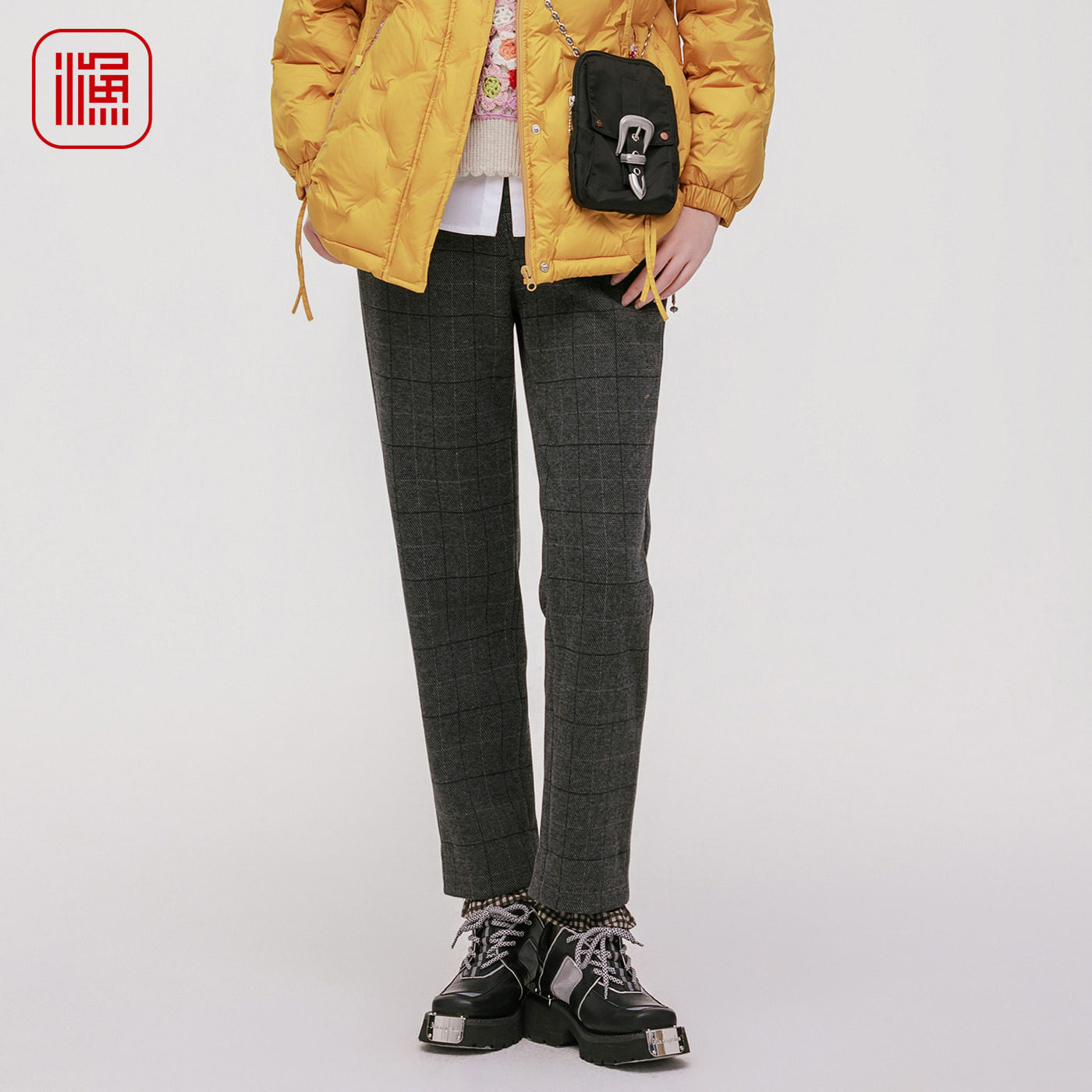 渔女装裤子女2025新款秋冬直筒休闲裤时尚百搭格子裤西裤FGHD6268