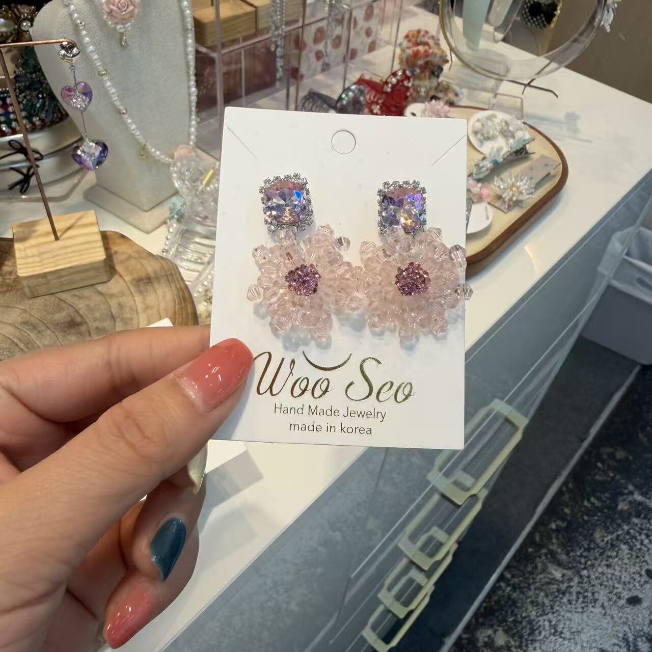韩国东大门手工串珠水晶花耳钉