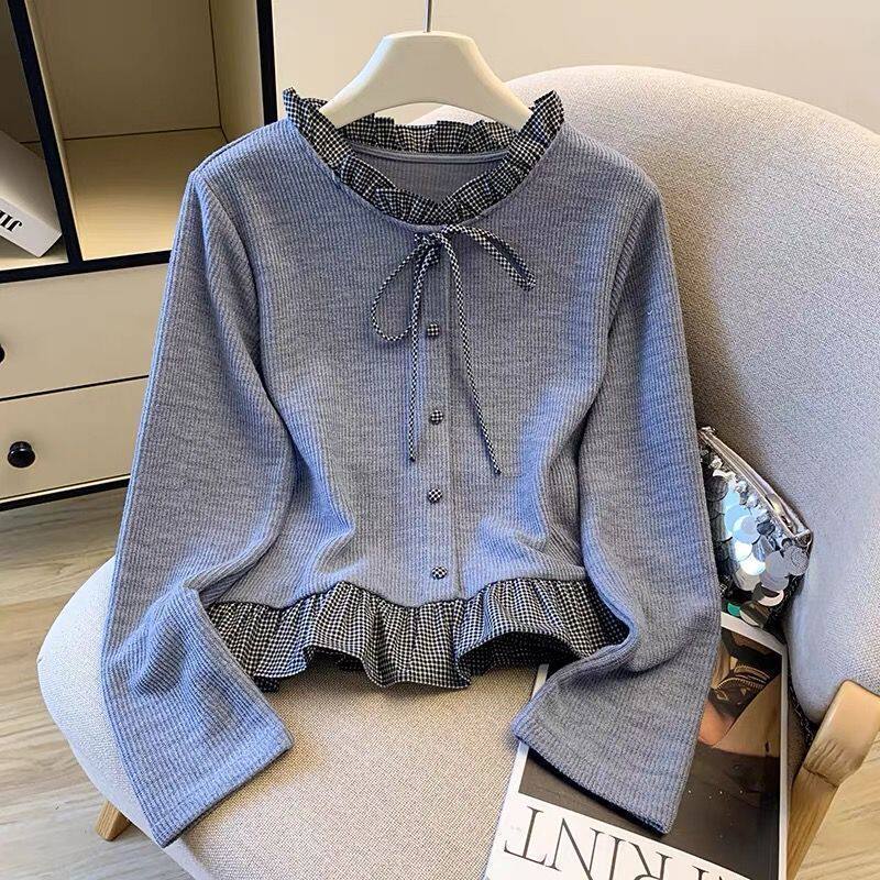 格子荷叶边系带假两件长袖秋冬2026新款宽松显瘦短款打底衫上衣女