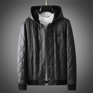 春秋新款高端菱形格连帽棉衣男舒适轻薄保暖时尚修身休闲夹棉外套