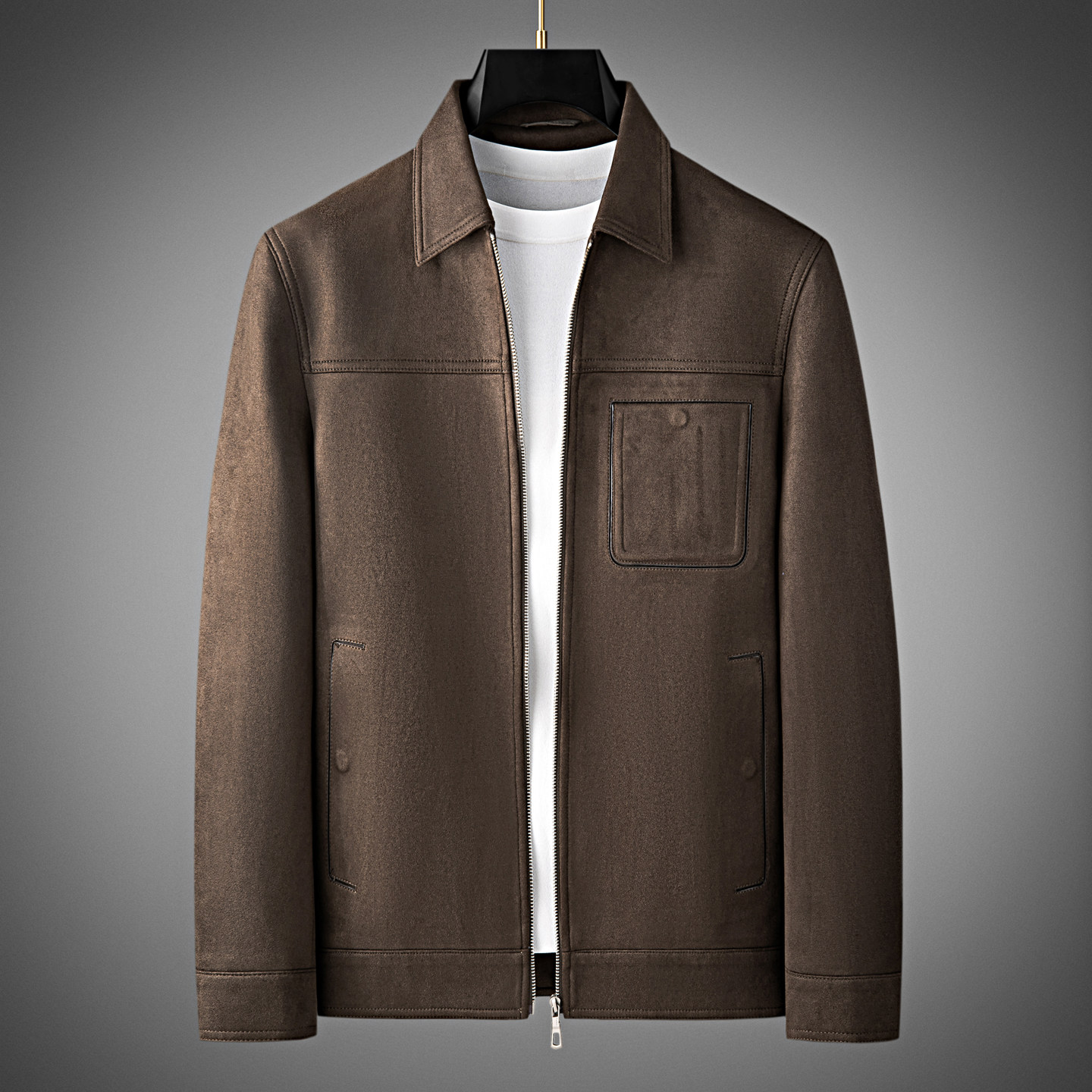 秋冬高端麂皮绒休闲外套男经典复古高阶质感时尚舒适修身翻领夹克