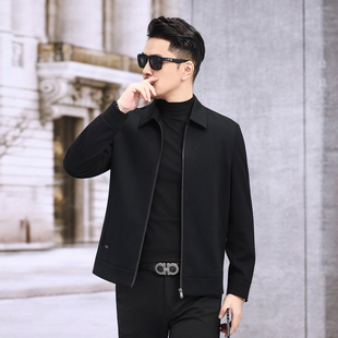 秋冬高端针织商务休闲外套男舒适纯色保暖绵羊毛混纺时尚翻领夹克