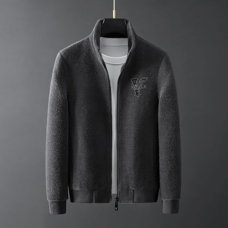 秋冬新款仿貂绒夹棉夹克男时尚舒适免烫修身立领短绒厚实保暖外套