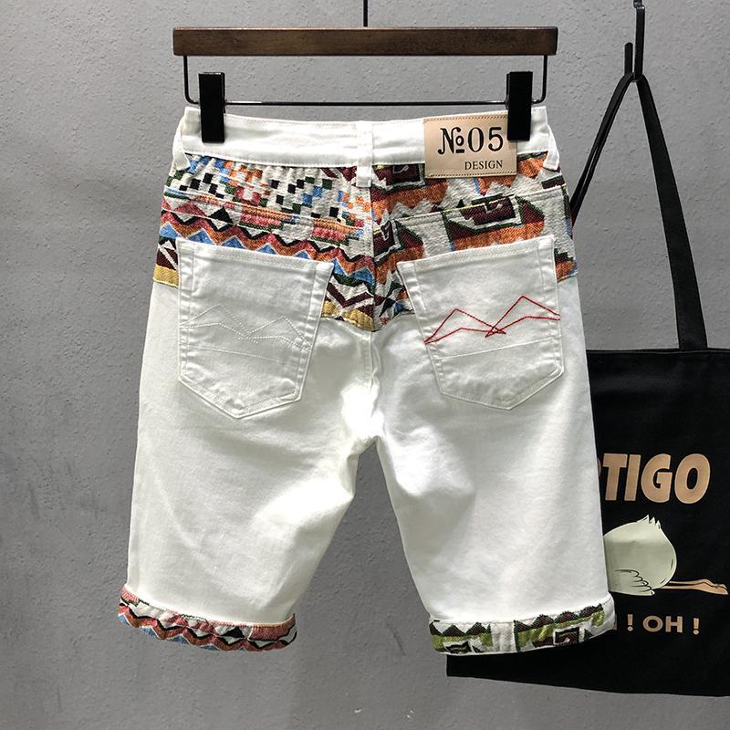 白色刺绣破洞牛仔短裤男韩版修身潮流拼色五分裤弹力休闲百搭中裤