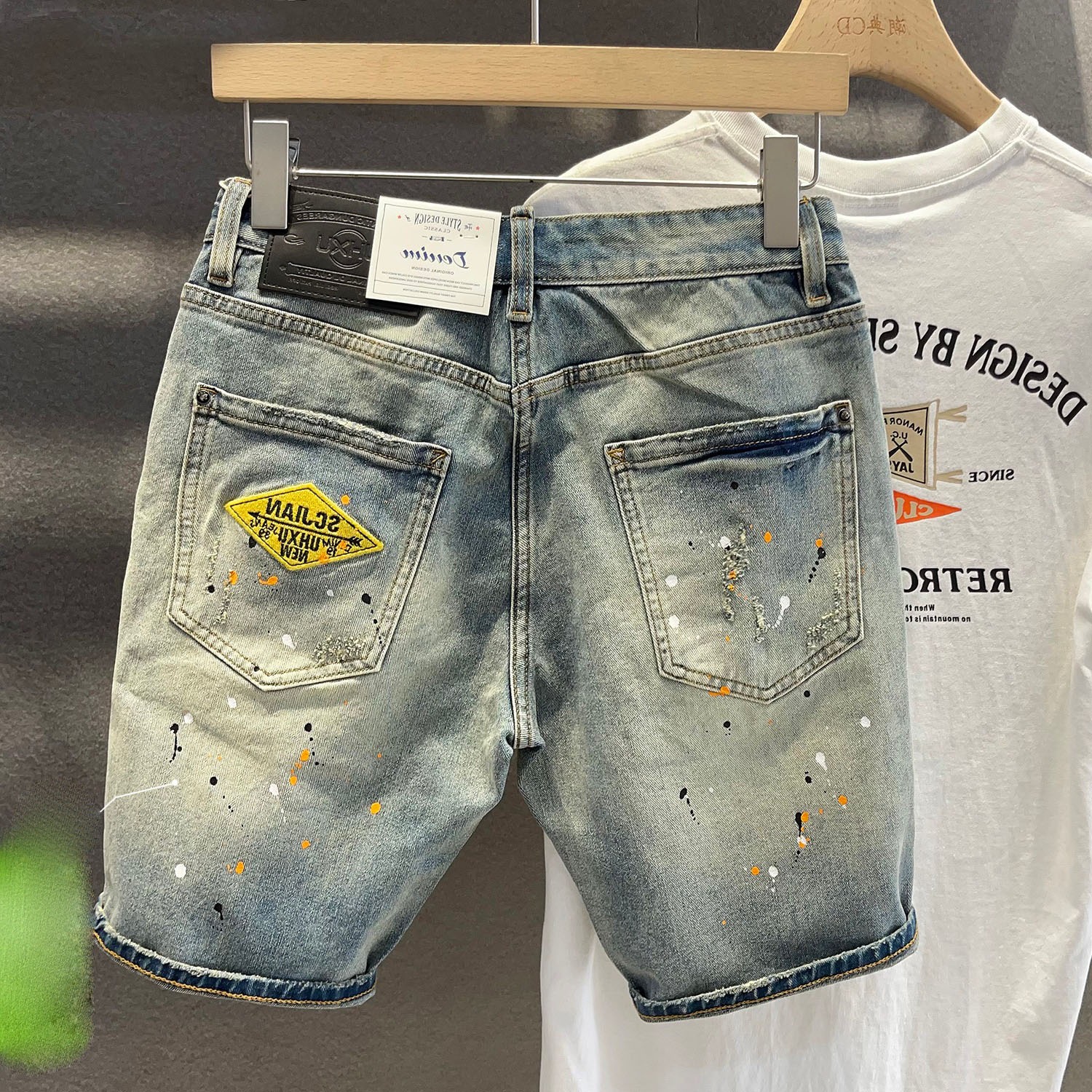 夏季泼墨牛仔短裤男款浅色破洞中裤高级设计感痞帅潮牌刺绣五分裤