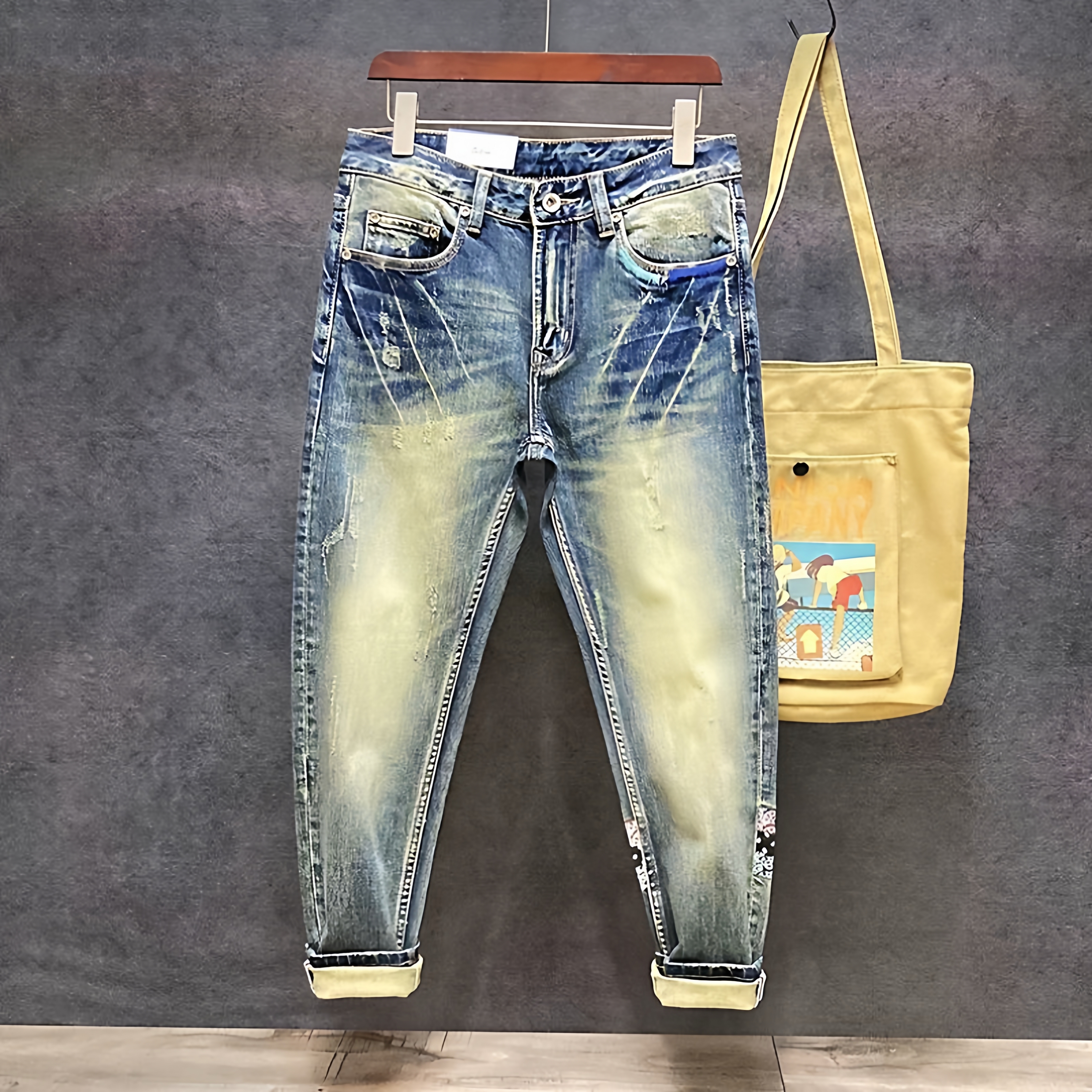 美式高街个性潮牌牛仔裤男秋冬新款复古做旧水洗刮烂修身直筒长裤