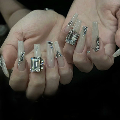 穿戴甲长款梯形可拆卸高级灰裸色