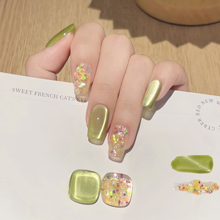 杏园春青提小清新奶绿色猫眼轻奢音乐节亮片夏日穿戴甲手工美甲