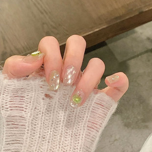 冰透青苹果 甜美清新显白绿猫眼爆闪立体水光美甲贴手工穿戴甲