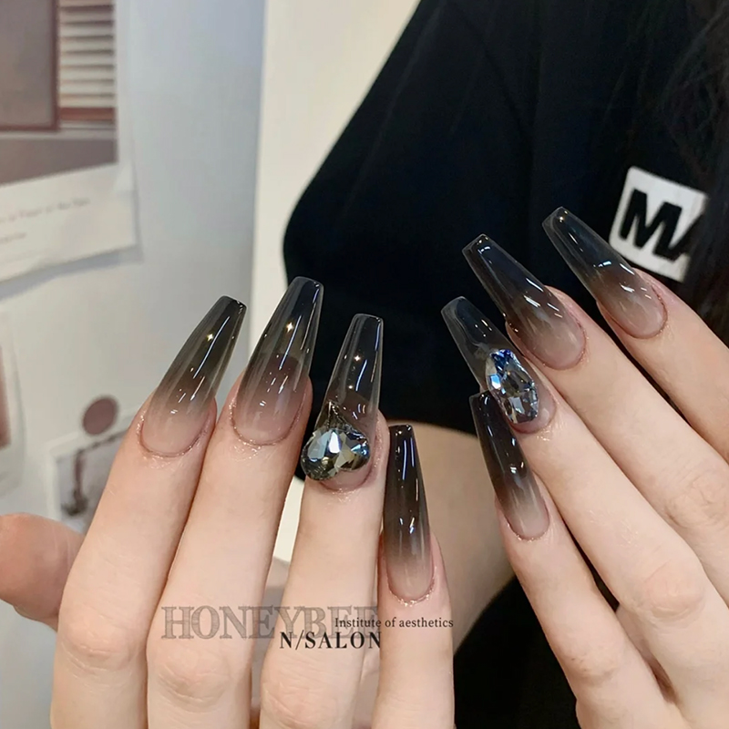 名媛性感酷黑渐变流星坠异形钻美甲成品假指甲贴片纯手工穿戴甲