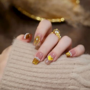 【落日霞光】初秋新款鎏金琥珀猫眼珍珠法式高级感显白手工穿戴甲