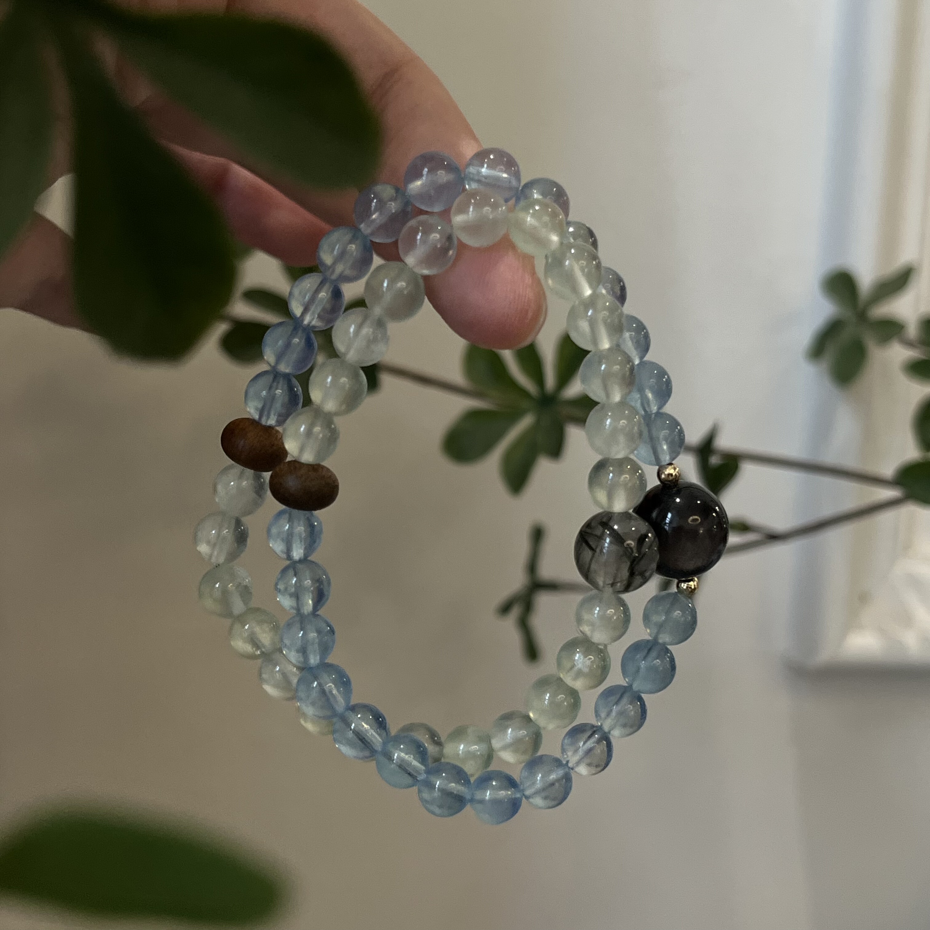 木水-喜木水天然绿幽灵黑曜石葡萄石海蓝宝绿发晶财富手串木水