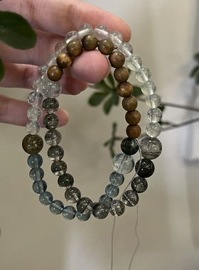 木-天然水晶绿幽灵孔雀石绿檀木绿幽灵手串手串五行喜木生日礼物