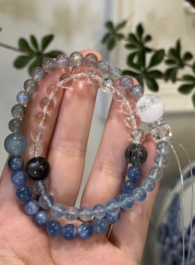 水金双圈手串天然水晶海蓝宝黑曜石白水晶灰月光蓝晶石五行补水金