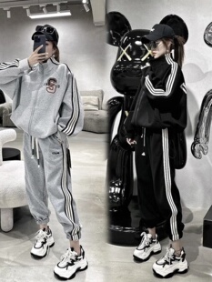 2025年胖mm休闲运动大码 300斤时尚 套装 拉链卫衣束脚裤 秋季
