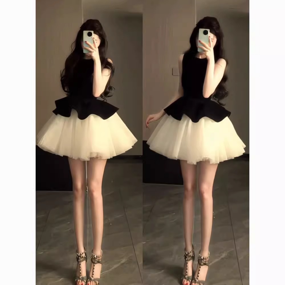 无袖背心网纱拼接芭蕾风连衣裙