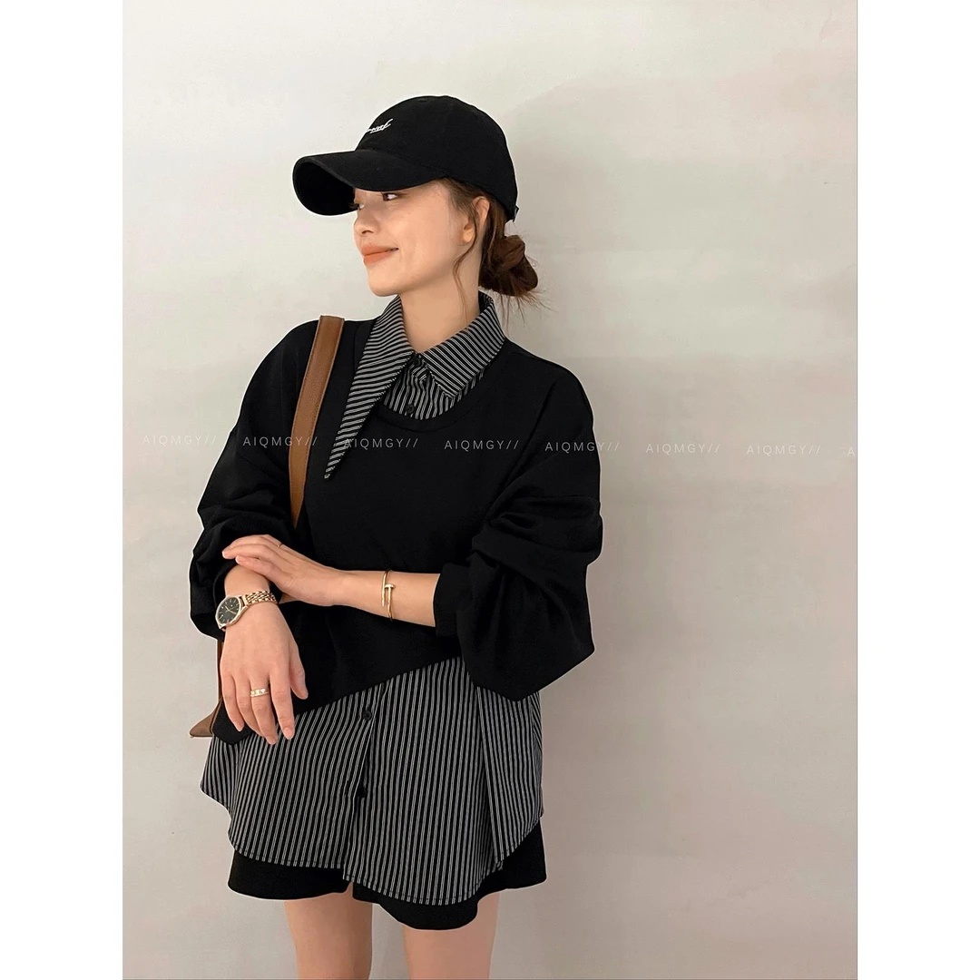 大码时尚条纹假两件衬衫女秋季