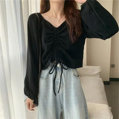 薄大码女装棉女韩版长袖抽皱