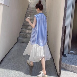 大码宽松慵懒风条纹无袖衬衫连衣裙2025新款小众仙女休闲鱼尾长裙