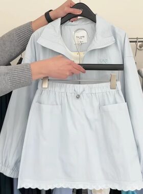夏季蝴蝶结刺绣拉链外套半裙套装
