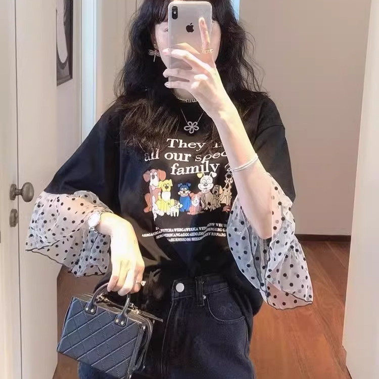 韩国东大门夏季大码卡通狗狗字母拼波点荷叶袖设计T恤上衣女300斤