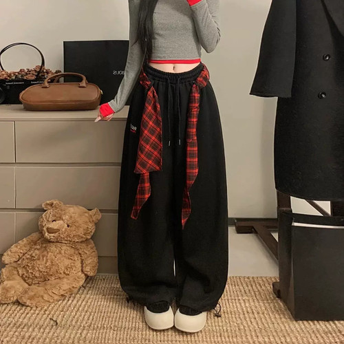美式复古休闲风格子屁帘阔腿裤女