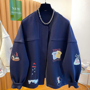 韩版设计感可爱刺绣开衫女2-300斤大码慵懒风棒球服春秋薄款外套