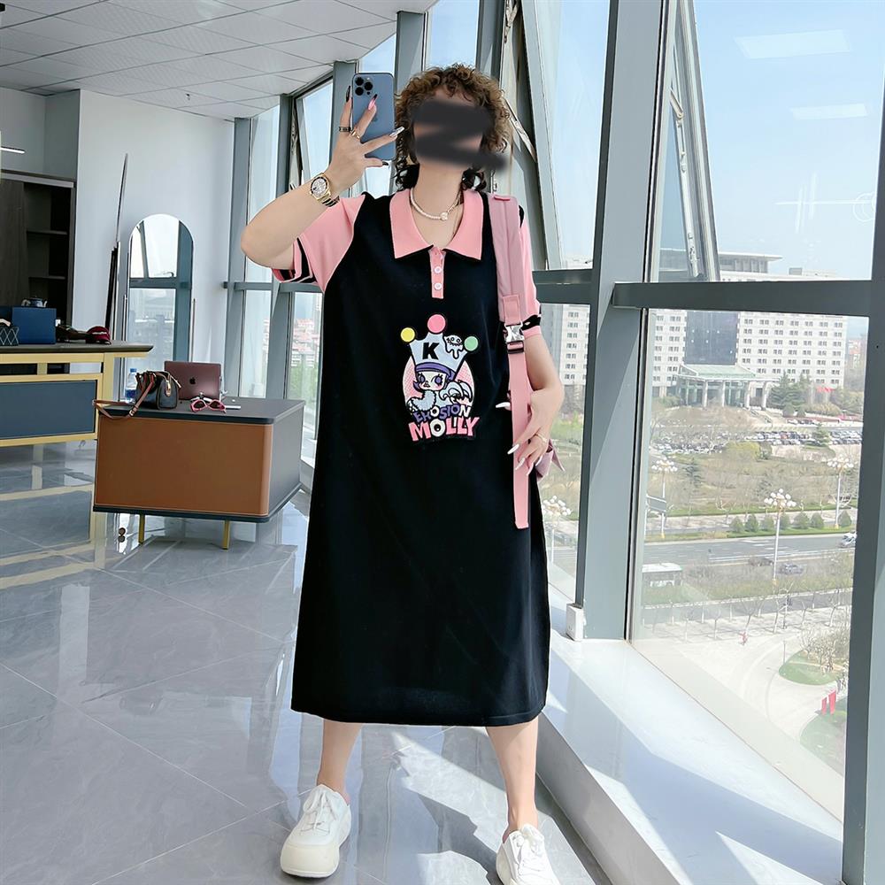 韩版chic设计感拼接大码连衣裙胖mm宽松显瘦300斤夏季Polo领裙子