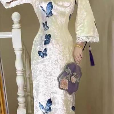 丝绒连衣裙秋冬收腰包臀长裙