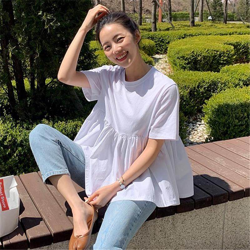 胖MM大码300斤宽松荷叶边下摆上衣女夏240纯色短袖t恤拼接娃娃衫