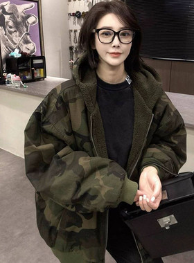 潮牌美式连帽迷彩棉服外套女冬季