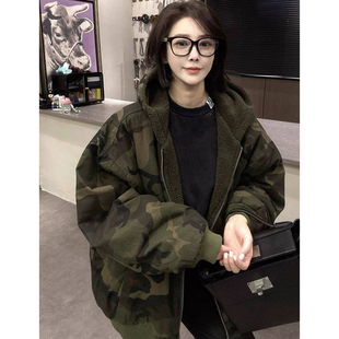 2-300斤潮牌美式连帽迷彩棉服外套女冬季休闲加厚保暖特大码棉衣