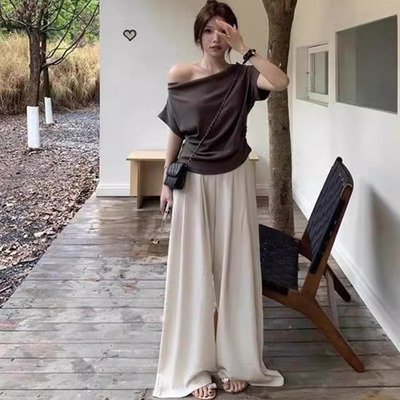 大码一字领露肩短袖衬衫