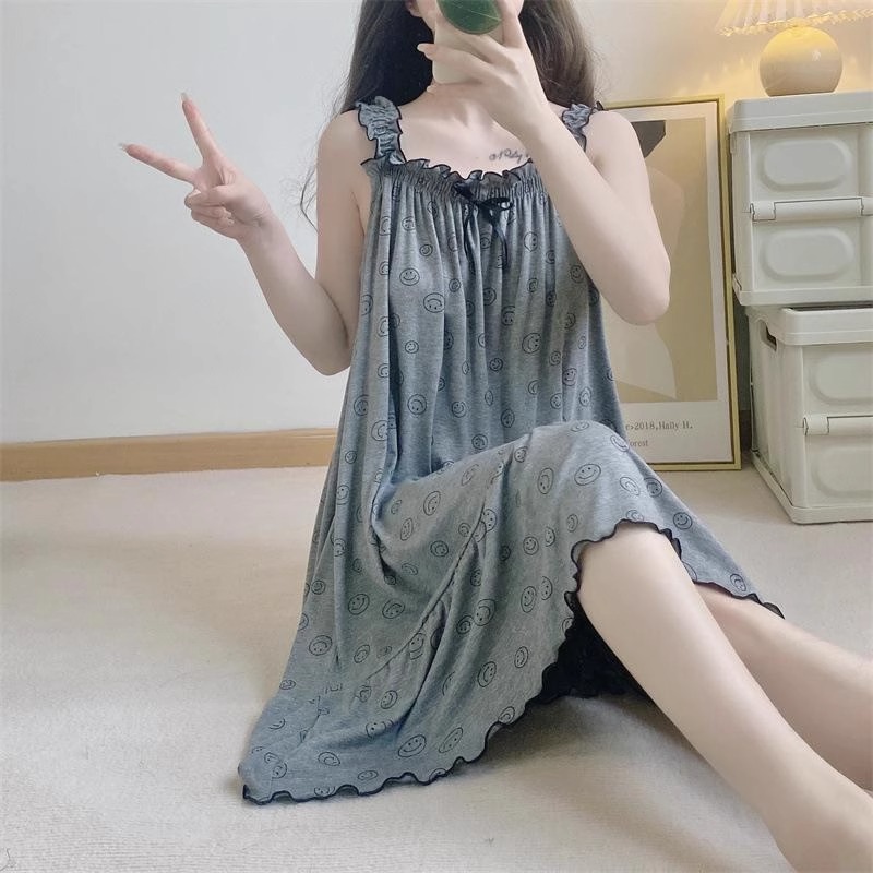 300斤韩版卡通笑脸背心薄款睡裙女2025夏季吊带宽松卡通大码T恤裙