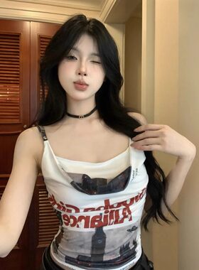 美式复古辣妹印花吊带背心大码女