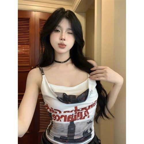 美式复古辣妹印花吊带背心大码女