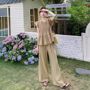 减龄小香风百搭小飞袖 时尚 上衣阔腿裤 两件套休闲大码 夏季 女装 新款