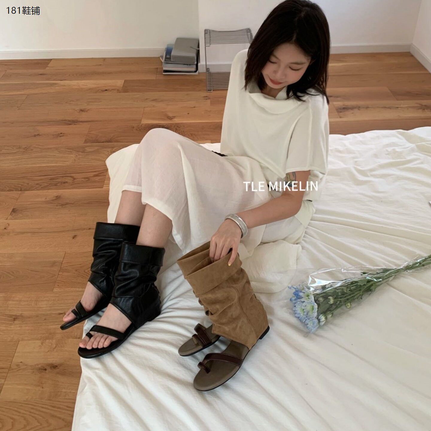 TLE MIKELIN 韩版一字带露趾凉靴女中筒堆堆靴显瘦简约配裙子夏季
