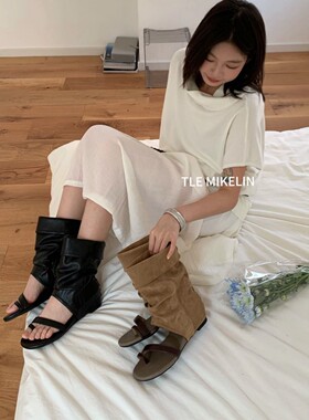 TLE MIKELIN 韩版一字带露趾凉靴女中筒堆堆靴显瘦简约配裙子夏季