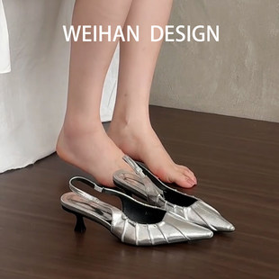 羊皮版！法式银色小猫跟凉鞋夏季气质配裙子尖头气质单鞋低跟女鞋