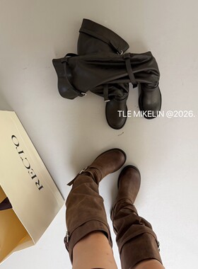 TLE MIKELN 欧美风皮带扣骑行靴女夏季中跟堆堆靴棕色增高时装靴